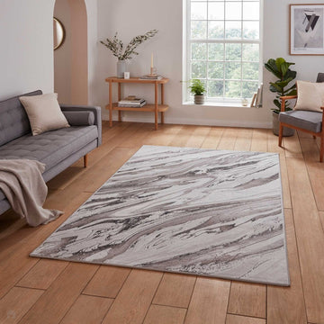 Creation 50100 Modern Abstract Marbled Distressed Metallic Shimmer Soft Textured Low Profile Short-Pile Cream/Warm Beige/Soft Taupe Rug-Think Rugs-Rug Love - The Most Loved Rug Store